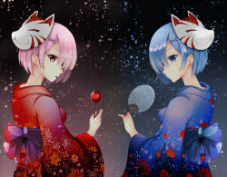 Rule 34 | 10s, 2girls, alternate costume, back, black background, blue eyes, blue hair, blue kimono, bob cut, breasts, candy apple, closed mouth, colored eyelashes, hand fan, food, fox mask, hair ornament, hair over one eye, holding, holding fan, holding food, leaf, leaf print, light frown, light particles, light smile, looking at viewer, looking back, maple leaf, mask, mask on head, medium breasts, multiple girls, obi, paper fan, parted lips, pink hair, ram (re:zero), re:zero kara hajimeru isekai seikatsu, red eyes, rem (re:zero), sash, short hair, siblings, sisters, symmetrical pose, symmetry, twins, uchiwa, upper body, wide sleeves, x hair ornament, xi ying