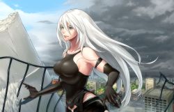 Rule 34 | 1girl, android, armpits, black gloves, blue eyes, breasts, city, cloud, collarbone, day, elbow gloves, gloves, hair between eyes, highres, large breasts, long hair, mole, mole under mouth, nier (series), nier:automata, outdoors, ruins, short shorts, shorts, silver hair, sky, solo, tank top, a2 (nier:automata), yumeoti