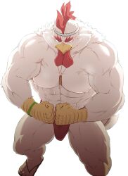 Rule 34 | 1boy, abs, bara, bodybuilder, bulge, chicken boy, feet out of frame, flexing, forked eyebrows, fundoshi, furry, furry male, hachimaki, headband, highres, japanese clothes, large pectorals, looking at viewer, male focus, mature male, muscular, muscular male, navel, neck fur, necklace between pecs, nipples, original, pectorals, red fundoshi, samoji (beastlover), short hair, sideburns, solo, standing, stomach, sweat, thick thighs, thighs, topless male, veiny pectorals, very sweaty
