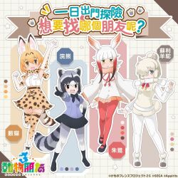 Rule 34 | 4girls, alpaca suri (kemono friends), animal ears, chinese text, common raccoon (kemono friends), copyright name, extra ears, highres, japanese crested ibis (kemono friends), kemono friends, kemono friends 3, looking at viewer, multiple girls, official art, serval (kemono friends), simple background, tail