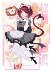 1girl animal_ears apron arima_kana black_footwear blush bob_cut cat_ears cat_girl cat_tail cherry cookie curry dress food frilled_apron frills fruit glass grey_dress high_heels highres ice_cream inverted_bob looking_at_viewer maid maid_apron maid_headdress mary_janes medium_hair omelet open_mouth oshi_no_ko plate red_eyes red_hair red_tail shoes short_hair simple_background solo tail thighhighs upper_body waist_apron white_apron white_thighhighs xiang_yu_pai