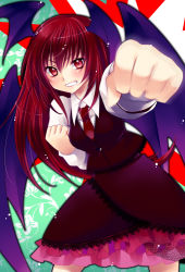 Rule 34 | 1girl, bad id, bad pixiv id, bat wings, blush, clenched hand, clenched hands, clenched teeth, embellished costume, female focus, foreshortening, frills, grin, head wings, koakuma, lace, light particles, long hair, punching, red eyes, red hair, smile, solo, teeth, embodiment of scarlet devil, touhou, wings, yukian