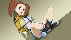 Rule 34 | 1girl, arms behind back, bdsm, blue skirt, bondage, boots, bound, bound ankles, box tie, breast bondage, breasts, brown hair, chimu xingcheng, convenient censoring, crossed legs, crying, drill hair, dutch angle, full body, gloves, gundam, gundam 00, jacket, legs, long sleeves, looking at viewer, mileina vashti, miniskirt, open clothes, open jacket, open mouth, pleated skirt, purple eyes, rope, scared, sitting, skirt, teardrop, tears, teeth, twintails, upper teeth only, white gloves, yellow jacket