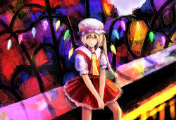Rule 34 | 1girl, absurdres, ascot, blouse, female focus, flandre scarlet, hair between eyes, hat, highres, hjistc, mob cap, red eyes, shirt, sitting, solo, touhou, white hat, white shirt