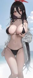 Rule 34 | 1girl, bare shoulders, bikini, black bikini, black choker, black hair, blue archive, blush, breasts, choker, collarbone, gluteal fold, hair between eyes, halo, harenchi, hasumi (blue archive), highres, jacket, large breasts, long hair, looking at viewer, mole, mole under eye, open clothes, open jacket, red eyes, solo, swimsuit, thigh gap, thighs, very long hair, wet