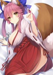 Rule 34 | 10s, 1girl, animal ears, ass, bad id, bad pixiv id, blush, bow, breasts, cleavage, fate/extra, fate/extra ccc, fate/grand order, fate (series), fox ears, fox shadow puppet, fox tail, hair bow, hair ribbon, hakama, hakama short skirt, hakama skirt, japanese clothes, large breasts, looking back, lying, miko, nontraditional miko, pink hair, red hakama, ribbon, ribbon trim, skirt, solo, tail, tamamo (fate), tamamo no mae (fate/extra), wide sleeves, yellow eyes, yuzu-aki