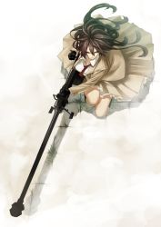 Rule 34 | 1girl, anti-materiel rifle, bad id, bad pixiv id, bipod, bolt action, brown hair, circle skirt, coat, denel land systems, from above, gloves, green eyes, gun, long coat, long hair, necktie, ntw-20, original, reloading, rifle, shadow, sniper rifle, solo, squatting, tef, trench coat, weapon