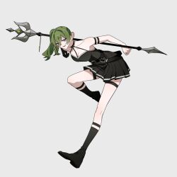 Rule 34 | 1girl, arm strap, black choker, black dress, black footwear, black gloves, boots, choker, commentary request, dress, full body, gloves, green hair, highres, holding, holding polearm, holding weapon, jitome, leaning forward, long hair, o-ring, o-ring choker, parted lips, pleated dress, polearm, purple eyes, side ponytail, single glove, solo, sousou no frieren, spear, standing, standing on one leg, suspenders hanging, thigh strap, ubel (sousou no frieren), weapon, yasato83
