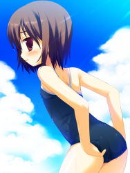 Rule 34 | 1girl, adjusting clothes, adjusting swimsuit, blush, cloud, competition school swimsuit, cowboy shot, day, meito (maze), one-piece swimsuit, original, school swimsuit, sky, solo, swimsuit, wet, wet hair