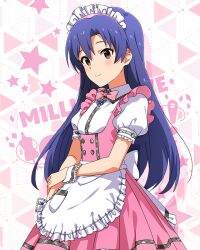 Rule 34 | 1girl, apron, blue hair, blush, bow, bowtie, breasts, brown eyes, butterfly ornament, dot nose, dress, eyelashes, frilled apron, frilled skirt, frills, from side, hair between eyes, hand on own arm, idolmaster, idolmaster (classic), idolmaster million live!, idolmaster million live! theater days, kisaragi chihaya, long hair, looking afar, maid headdress, official alternate costume, official art, pink bow, pink bowtie, pink dress, pretty waitress (idolmaster), puffy short sleeves, puffy sleeves, shirt, short sleeves, sidelocks, skirt, small breasts, solo, standing, star (symbol), starry background, straight hair, thighhighs, upper body, waist apron, waitress, white apron, white shirt, white thighhighs, wrist cuffs