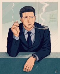 Rule 34 | 1boy, black hair, cheekbones, collared shirt, elbow rest, facial hair, formal, goatee stubble, golden kamuy, highres, kikuta mokutaro, looking to the side, male focus, mature male, mustache stubble, necktie, scar, scar on face, scar on forehead, shirt, short hair, sideburns, smoking, solo, stubble, suit, tonta (tonta1231), upper body, watch, wristwatch