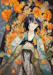Rule 34 | 1girl, black hair, blue kimono, boat, collarbone, commentary request, cover, cover page, ear piercing, earrings, expressionless, flower, gold trim, grey eyes, hands on own chest, hibiscus, highres, japanese clothes, jewelry, kimono, looking at viewer, lying, medium hair, novel cover, obi, on back, orange flower, original, outdoors, own hands together, piercing, plant, print kimono, robe, sakuramochi1003, sash, solo, tsurime, vines, water, watercraft