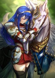 Rule 34 | 1girl, armor, armored dress, black gloves, blue hair, boots, caeda (fire emblem), dress, elbow gloves, closed eyes, feathered wings, fingerless gloves, fire emblem, fire emblem: mystery of the emblem, gloves, hairband, highres, horns, horse, ippers, long hair, looking down, nintendo, pegasus, pegasus knight uniform (fire emblem), red dress, simple background, single horn, smile, solo, thigh boots, thighhighs, very long hair, winged unicorn, wings, zettai ryouiki