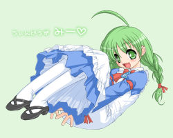 Rule 34 | 1girl, :d, ahoge, apron, blue dress, blush, bow, bowtie, braid, dress, green eyes, green hair, heart, long sleeves, looking at viewer, mary janes, matching hair/eyes, me-tan, open mouth, os-tan, red bow, shoes, sign, smile, solo, thighhighs, twin braids, warning sign, white thighhighs