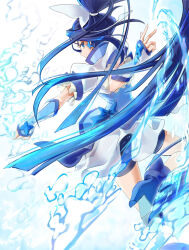 Rule 34 | 1girl, back, blue choker, blue eyes, blue hair, bow (weapon), butterfly brooch, butterfly hair ornament, choker, clear glass (mildmild1311), cure aqua, earrings, gloves, hair ornament, high ponytail, highres, jewelry, long hair, looking back, magical girl, ponytail, precure, shorts, shorts under skirt, skirt, solo, vest, water, weapon, white background, wide ponytail, yes! precure 5, yes! precure 5 gogo!