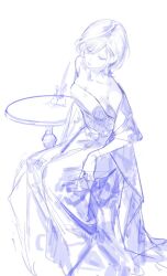 Rule 34 | 1girl, breasts, cleavage, closed mouth, collarbone, dress, hair between eyes, half-closed eyes, medium breasts, moaomao mo, original, short hair, simple background, sitting, sketch, solo, table, unfinished, white background