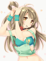 Rule 34 | 10s, 1girl, adjusting hair, blush, breasts, brown eyes, brown hair, character name, cleavage, hair tie, kani biimu, long hair, looking at viewer, love live!, love live! school idol project, medium breasts, minami kotori, mouth hold, natsuiro egao de 1 2 jump!, navel, simple background, smile, solo, tying hair, white background