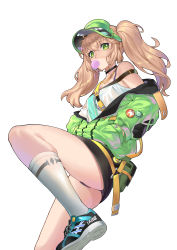Rule 34 | 1girl, 463 jun, absurdres, bad id, bad pixiv id, badge, bare shoulders, belt, black panties, black skirt, blowing bubbles, breasts, button badge, chain, chewing gum, choker, commentary request, copyright request, fanny pack, feet out of frame, green eyes, green hat, green jacket, hands in pockets, hat, highres, jacket, jewelry, kneehighs, long hair, long sleeves, microskirt, mouth hold, necklace, off shoulder, panties, shoe soles, shoes, sidelocks, simple background, skindentation, skirt, small breasts, sneakers, socks, solo, twintails, underwear, visor cap, white background, white socks