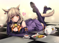 Rule 34 | 10s, 1girl, animal, animal ears, aruma jiki, blush, boots, breasts, brown hair, cake, candy, cat, cleavage, collar, cookie, cup, earrings, elbow gloves, fat cat (ff14), final fantasy, final fantasy xiv, food, gloves, heart, jewelry, looking at viewer, lying, miqo&#039;te, on stomach, orange eyes, plate, purple footwear, purple thighhighs, rabbit, saucer, skirt, smile, solo, tail, tea, teacup, thigh boots, thighhighs, warrior of light (ff14)
