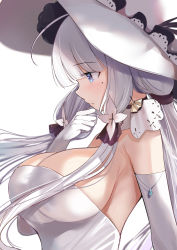 Rule 34 | 1girl, azur lane, blue eyes, breasts, dress, elbow gloves, from side, gloves, hat, illustrious (azur lane), large breasts, long hair, mole, mole under eye, schreibe shura, sideboob, simple background, solo, strapless, strapless dress, thinking, tri tails, white background, white dress, white hair, white theme