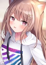 Rule 34 | 1girl, animal ear fluff, animal ears, blurry, blurry background, blush, brown eyes, brown hair, cat ears, commentary request, depth of field, drawstring, hair ornament, hairclip, highres, hood, hood down, hoodie, long hair, looking at viewer, masayo (gin no ame), original, parted lips, smile, solo, upper body, very long hair, white hoodie