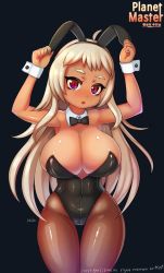 Rule 34 | animal ears, bare shoulders, bow, bowtie, breasts, rabbit, dark skin, fake animal ears, jupiter (planet), large breasts, long hair, pantyhose, planet, planet master, playboy bunny, plump, rabbit ears, red eyes, solo, standing, white hair, wrist cuffs