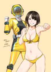 2girls absurdres animification bare_shoulders belt bikini bodysuit breasts brown_eyes brown_hair cleavage clenched_hands commentary_request gloves grin halterneck helmet highres looking_at_viewer medium_breasts microphone multiple_girls navel original punching short_hair smile standing stomach super_sentai swimsuit thighs translated urasuji_samurai white_gloves yellow_background yellow_bikini yellow_bodysuit