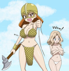 Rule 34 | 10 ji lay, 2girls, armor, axe, bikini, bikini armor, blonde hair, blue eyes, blush, breasts, brown eyes, brown hair, cleavage, collarbone, covering breasts, covering privates, girls und panzer, helmet, kay (girls und panzer), kebiko, large breasts, long hair, looking at viewer, multiple girls, navel, open mouth, outdoors, sky, smile, swimsuit, topless, white bikini