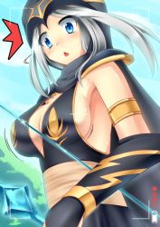 Rule 34 | 1girl, ashe (league of legends), blue eyes, blush, bow, breasts, camera, cleavage, cloak, hood, large breasts, league of legends, long hair, open mouth, sideboob, silver hair, solo, surprised