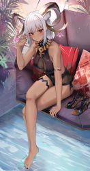 Rule 34 | 1girl, animal ears, arknights, arm strap, bare shoulders, black footwear, black nails, black one-piece swimsuit, blush, breasts, carnelian (arknights), carnelian (shimmering dew) (arknights), casual one-piece swimsuit, cleavage cutout, clothing cutout, crossed legs, dark-skinned female, dark skin, full body, goat ears, goat girl, goat horns, hand up, high heels, highres, horn ornament, horns, jewelry, large breasts, looking at viewer, nail polish, necklace, official alternate costume, one-piece swimsuit, plant, red eyes, ru zhai, shoes, unworn shoes, short hair, sitting, solo, swimsuit, toenail polish, toenails, white hair