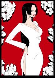 Rule 34 | 1girl, black border, black hair, boa hancock, border, chris re5, commentary, cowboy shot, dress, flower, hand on own hip, hime cut, instagram username, long hair, looking to the side, one piece, red background, red lips, red nails, solo, twitter username, white dress