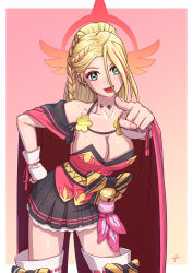Rule 34 | 1girl, absurdres, blonde hair, blue archive, blue eyes, breasts, cleavage, closed mouth, collarbone, hair between eyes, hand up, highres, japanese clothes, kimono, large breasts, long hair, looking at viewer, obi, open mouth, pina (blue archive), pointing, pointing at viewer, ponytail, qiannian zuojia, red kimono, sash, smile, solo, tatara (alnath may), wrist cuffs