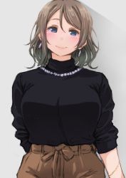 Rule 34 | 1girl, arm behind back, ayumu-k, black shirt, blue eyes, blush, bracelet, breasts, brown hair, brown pants, earrings, grey background, highres, jewelry, large breasts, light blush, long sleeves, looking at viewer, love live!, love live! sunshine!!, necklace, pants, pearl necklace, shirt, short hair, simple background, smile, solo, turtleneck, watanabe you