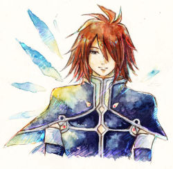 Rule 34 | 00s, 1boy, hair over one eye, kratos aurion, male focus, red eyes, red hair, short hair, solo, spoilers, tales of (series), tales of symphonia, white background, wings