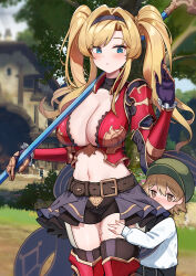 Rule 34 | 1boy, 1girl, absurdres, age difference, armor, belt, bike shorts, black gloves, black shirt, black shorts, black skirt, black thighhighs, blonde hair, blue eyes, boobplate, bracer, breastplate, breasts, claw ring, cleavage, cleavage cutout, closed mouth, clothing cutout, cowboy shot, crop top, day, dishui tangni, gloves, granblue fantasy, greaves, hairband, hand up, highres, holding, holding polearm, holding weapon, hugging another&#039;s leg, large breasts, long hair, looking down, midriff, miniskirt, navel, outdoors, pleated skirt, polearm, shirt, short shorts, shorts, shorts under skirt, shoulder guard, showgirl skirt, skirt, standing, stomach, thighhighs, thighs, twintails, undershirt, weapon, zeta (granblue fantasy)