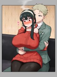 Rule 34 | 1boy, 1girl, 2022, absurdres, arm grab, black hair, black pantyhose, blonde hair, blue eyes, blush, breast pocket, breasts, closed mouth, collared shirt, curvy, embarrassed, hair between eyes, hairband, heart, highres, hug, hug from behind, huge breasts, husband and wife, indoors, large breasts, long hair, long sleeves, looking at another, looking at viewer, necktie, open mouth, pantyhose, pocket, poper (arin sel), red eyes, red necktie, shirt, short hair, sitting, sitting on lap, sitting on person, smile, spoken heart, spy x family, steaming body, thick thighs, thighs, twilight (spy x family), white hairband, white shirt, wide hips, yor briar