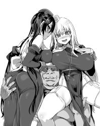 Rule 34 | 1boy, 2girls, :d, asanagi, ass, ass grab, bad link, black dress, black hair, blonde hair, blush, breast rest, breasts, breasts on head, carrying, carrying over shoulder, cross, dress, fingering, garter belt, greyscale, groping, habit, hat, hetero, highres, huge breasts, long hair, long sleeves, looking at viewer, mole, mole under eye, monochrome, multiple girls, no eyes, nun, open mouth, original, pelvic curtain, pimp, smile, thighhighs, tight clothes, twintails