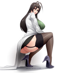 Rule 34 | 1girl, absurdres, ahoge, antenna hair, ass, breasts, brown hair, female focus, frilled thighhighs, frills, garter straps, green eyes, green sweater, hasegawa chisato, high heels, highres, huge breasts, lab coat, large breasts, lipstick, long hair, looking at viewer, makeup, nofuture, parted lips, patreon username, pencil skirt, ribbed sweater, shinmai maou no testament, skirt, smile, solo, squatting, sweater, thighhighs, watermark, web address