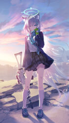 Rule 34 | 1girl, adjusting scarf, aged up, alternate hairstyle, animal ear fluff, animal ears, assault rifle, azumi akitake, backlighting, blazer, blue archive, blue eyes, blue necktie, blue scarf, building, cloud, cloudy sky, collared shirt, commentary request, cross hair ornament, full body, grey hair, gun, hair between eyes, hair ornament, halo, highres, holding, holding gun, holding weapon, jacket, kneehighs, long hair, long sleeves, looking at viewer, mismatched pupils, necktie, plaid, plaid skirt, pleated skirt, rifle, scarf, school uniform, shiroko (blue archive), shirt, shoes, sidelocks, sig sauer 556, skirt, sky, skyline, skyscraper, smile, sneakers, socks, solo, standing, twilight, two-tone gloves, very long hair, weapon, white shirt, white socks, wind, wolf ears, wolf girl