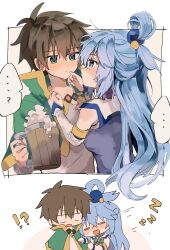 Rule 34 | 1boy, 1girl, absurdres, alcohol, aqua (konosuba), beer, blue dress, blue eyes, blue hair, blue shirt, blue skirt, blush, bow, brown hair, cape, capelet, couple, detached sleeves, dress, drunk, embarrassed, face-to-face, finger to another&#039;s mouth, finger to mouth, full-face blush, green bow, green cape, green capelet, green eyes, green ribbon, hair between eyes, hair ornament, hair rings, hand on another&#039;s chest, hand on another&#039;s face, hetero, highres, holding, holding clothes, imminent kiss, kono subarashii sekai ni shukufuku wo!, long hair, long sleeves, looking at another, open mouth, pekeheihou, ribbon, satou kazuma, shirt, short hair, simple background, single hair ring, skirt, sleeping, sleeping on person, surprised, very long hair, white shirt, white sleeves, zzz