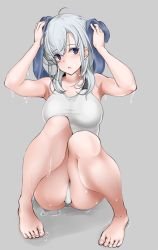 Rule 34 | 1girl, arms up, bad id, bad pixiv id, barefoot, blue towel, breasts, collarbone, competition swimsuit, full body, grey eyes, highres, kantai collection, long hair, looking at viewer, medium breasts, nn tasu, one-piece swimsuit, silver hair, sitting, solo, suzutsuki (kancolle), swimsuit, towel, wet, wet clothes, wet swimsuit, white one-piece swimsuit