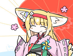 Rule 34 | 1girl, ^ ^, animal ears, arknights, blonde hair, blush stickers, closed eyes, closed mouth, commentary request, flower, fox ears, fox girl, fox tail, hair flower, hair ornament, hairband, highres, japanese clothes, keirono, kimono, kitsune, kyuubi, long hair, long sleeves, multiple tails, obi, official alternate costume, pink kimono, pinwheel, red hairband, sash, sleeves past wrists, smile, solo, suzuran (arknights), suzuran (yukibare) (arknights), tail