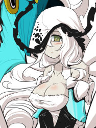 Rule 34 | 1girl, abyssal ship, blush, breasts, buried air defense hime, cleavage, commentary request, covered erect nipples, goma (gomasamune), green eyes, hair between eyes, highres, hood, hood up, kantai collection, large breasts, long hair, looking at viewer, one eye covered, parted lips, rigging, solo, translation request, white hair