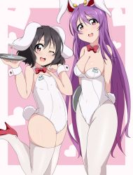 Rule 34 | 2girls, alternate costume, animal ears, arms behind back, bare shoulders, black hair, black legwear, blush, bow, bowtie, breasts, rabbit ears, bwell, cleavage, cocktail glass, covered navel, cup, detached collar, drinking glass, flat chest, heart, high heels, inaba tewi, large breasts, long hair, looking at viewer, multiple girls, name tag, one eye closed, open mouth, pantyhose, playboy bunny, plump, purple hair, rabbit girl, red eyes, reisen udongein inaba, short hair, smile, tail, thighhighs, touhou, tray, very long hair, white legwear, wrist cuffs