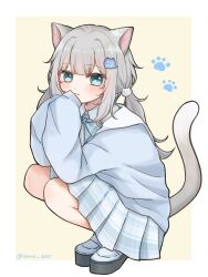 Rule 34 | 1girl, :3, animal ears, blue eyes, blush, bow, bowtie, cat ears, cat girl, cat hair ornament, cat tail, collared shirt, grey hair, hair ornament, highres, indie virtual youtuber, long hair, long sleeves, looking at viewer, low twintails, nachoneko, paw print, plaid, plaid bow, plaid bowtie, plaid skirt, shirt, skirt, smile, solo, squatting, tail, tama 3355, twintails, virtual youtuber