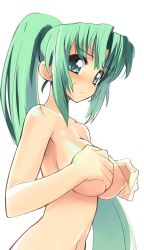 Rule 34 | 00s, 1girl, blush, breasts, covering privates, covering breasts, grabbing, grabbing another&#039;s breast, green hair, higurashi no naku koro ni, huge breasts, large breasts, nude, nude cover, sikorsky, simple background, solo, sonozaki mion, upper body