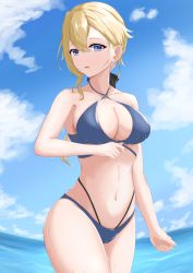 Rule 34 | 1girl, :d, absurdres, bare arms, bare shoulders, bikini, black bow, blonde hair, blue bikini, blue choker, blue eyes, blue sky, bow, breasts, choker, cleavage, clenched hand, cloud, collarbone, commentary request, day, genshin impact, hair between eyes, hair bow, halterneck, highres, jean (genshin impact), large breasts, light blush, long hair, looking at viewer, multiple straps, navel, obanana (ahap7438), ocean, open mouth, outdoors, ponytail, sidelocks, sky, smile, solo, swimsuit, water
