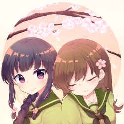 10s 2girls black_hair braid brown_hair cherry_blossoms closed_eyes flower hair_flower hair_ornament irone_(miyamiya38) kantai_collection kitakami_(kancolle) long_hair multiple_girls ooi_(kancolle) purple_eyes smile