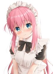 Rule 34 | 1girl, absurdres, apron, blue eyes, blush, bocchi the rock!, bow, bowtie, frown, gotoh hitori, highres, long hair, looking at viewer, maid, maid apron, maid headdress, mika miche, pink hair, resolution mismatch, shy, simple background, source smaller, white apron, white background