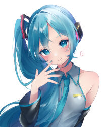 Rule 34 | 1girl, alternate hairstyle, aqua nails, aqua necktie, bare shoulders, black sleeves, blue eyes, blue hair, breasts, broken miku&#039;s tail (meme), closed mouth, collared shirt, detached sleeves, grey shirt, hair ornament, hand up, hatsune miku, heart, highres, long hair, looking at viewer, meme, nail polish, necktie, paya (alunair), shirt, side ponytail, simple background, sleeveless, sleeveless shirt, small breasts, smile, solo, upper body, vocaloid, white background